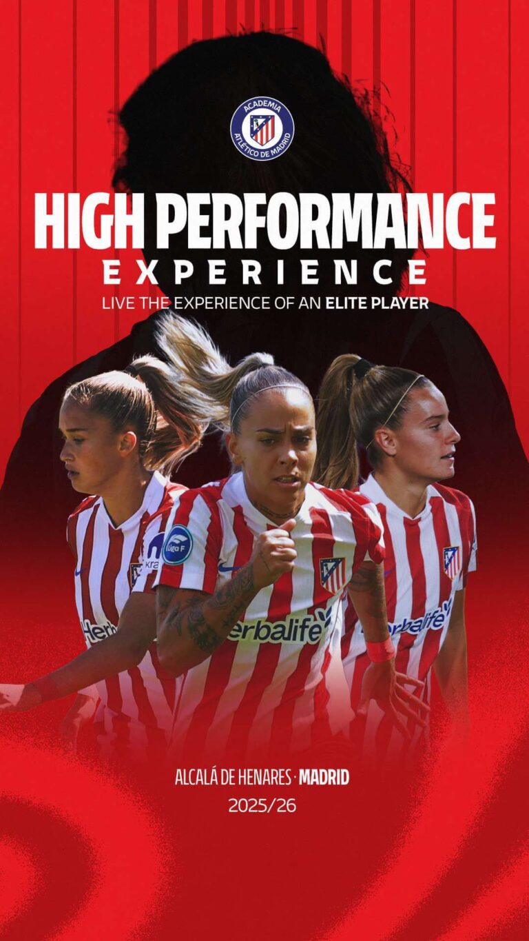 Girls in Atlético de Madrid training kits practicing drills at the official academy in Madrid, Spain