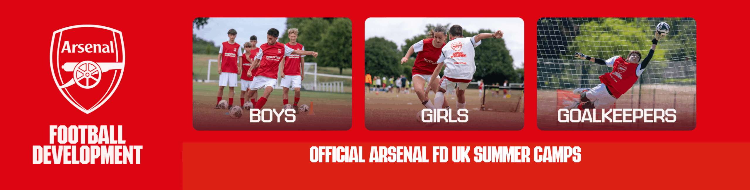 Arsenal Football Development crest collage featuring action shots of a boy, a girl, and a goalkeeper training at Arsenal Soccer Camps UK.